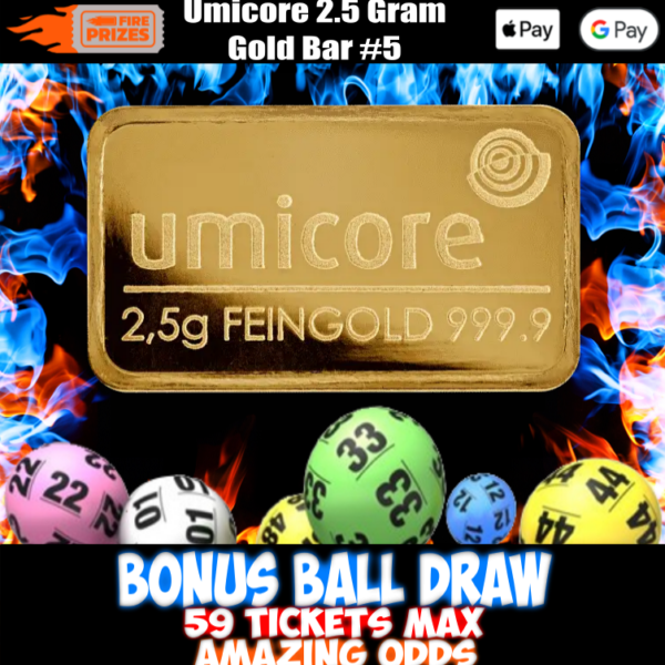 Umicore 2.5 Gram Gold Bar #5 (Bonus Ball Draw – Saturday 25th March 2023)